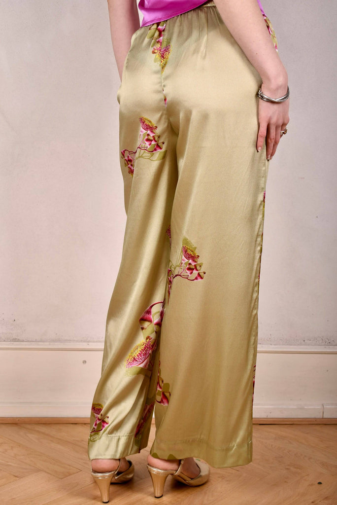 Norah, Wide legged  trousers in Stretch satin Silk. "Khanut" - Tone Barker Silk