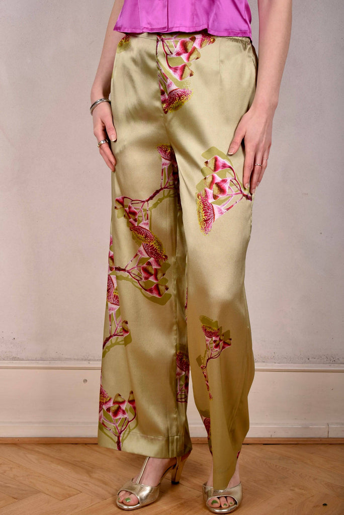 Norah, Wide legged  trousers in Stretch satin Silk. "Khanut" - Tone Barker Silk