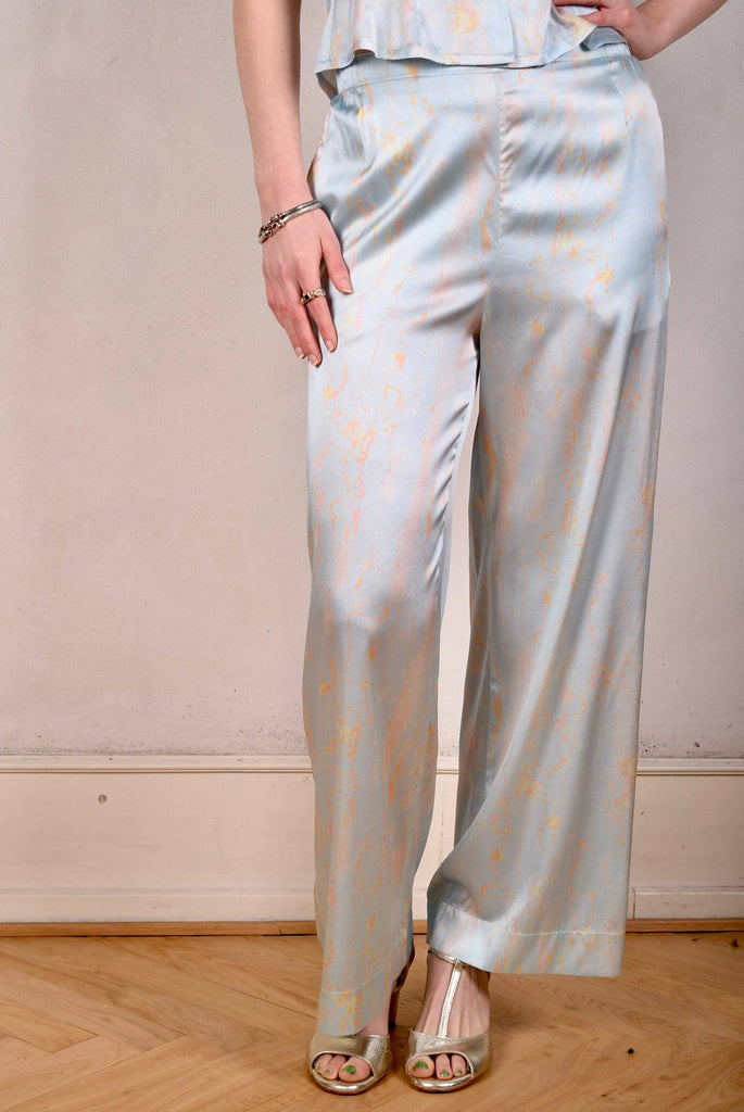 Norah, Wide legged  trousers in Stretch satin Silk. "Lightly" - Tone Barker Silk