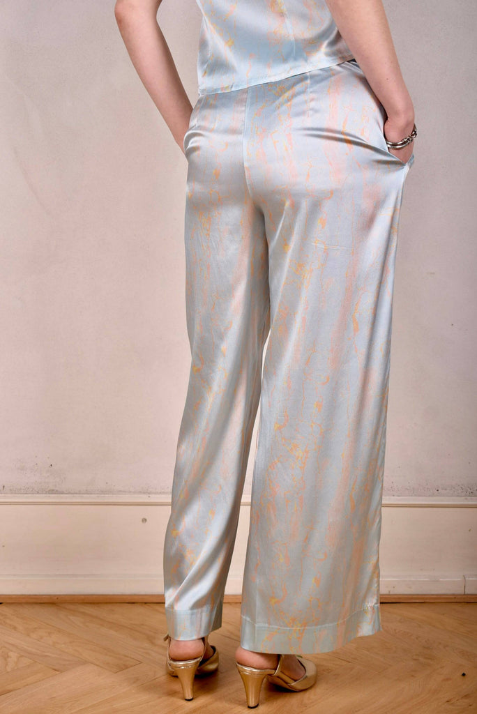 Norah, Wide legged  trousers in Stretch satin Silk. "Lightly" - Tone Barker Silk