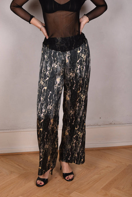 Norah, Wide legged  trousers in Stretch satin Silk. "Marble" - Tone Barker Silk