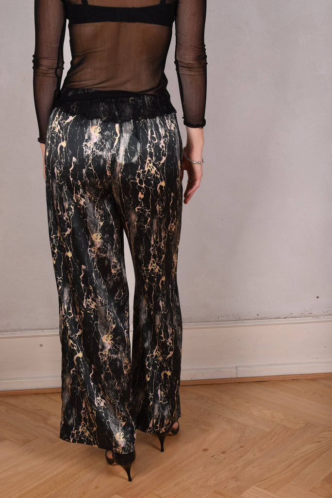 Norah, Wide legged  trousers in Stretch satin Silk. "Marble" - Tone Barker Silk