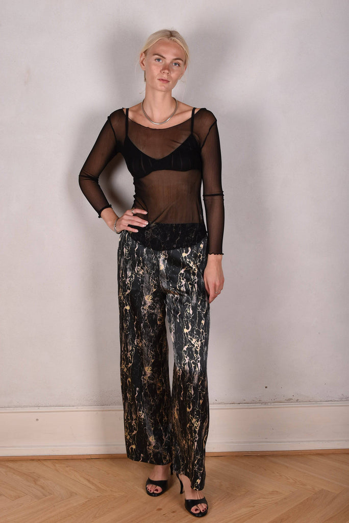 Norah, Wide legged  trousers in Stretch satin Silk. "Marble" - Tone Barker Silk