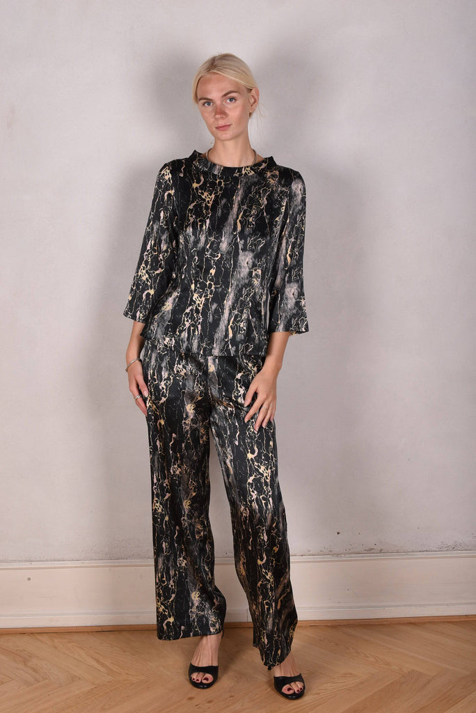 Norah, Wide legged  trousers in Stretch satin Silk. "Marble" - Tone Barker Silk