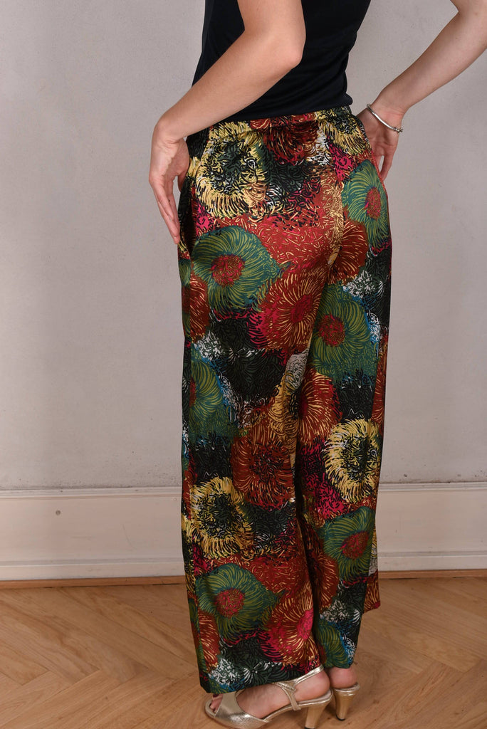 Norah, Wide legged  trousers in Stretch satin Silk. "Swirl" - Tone Barker Silk