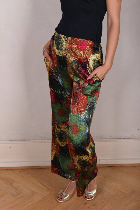 Norah, Wide legged  trousers in Stretch satin Silk. "Swirl" - Tone Barker Silk