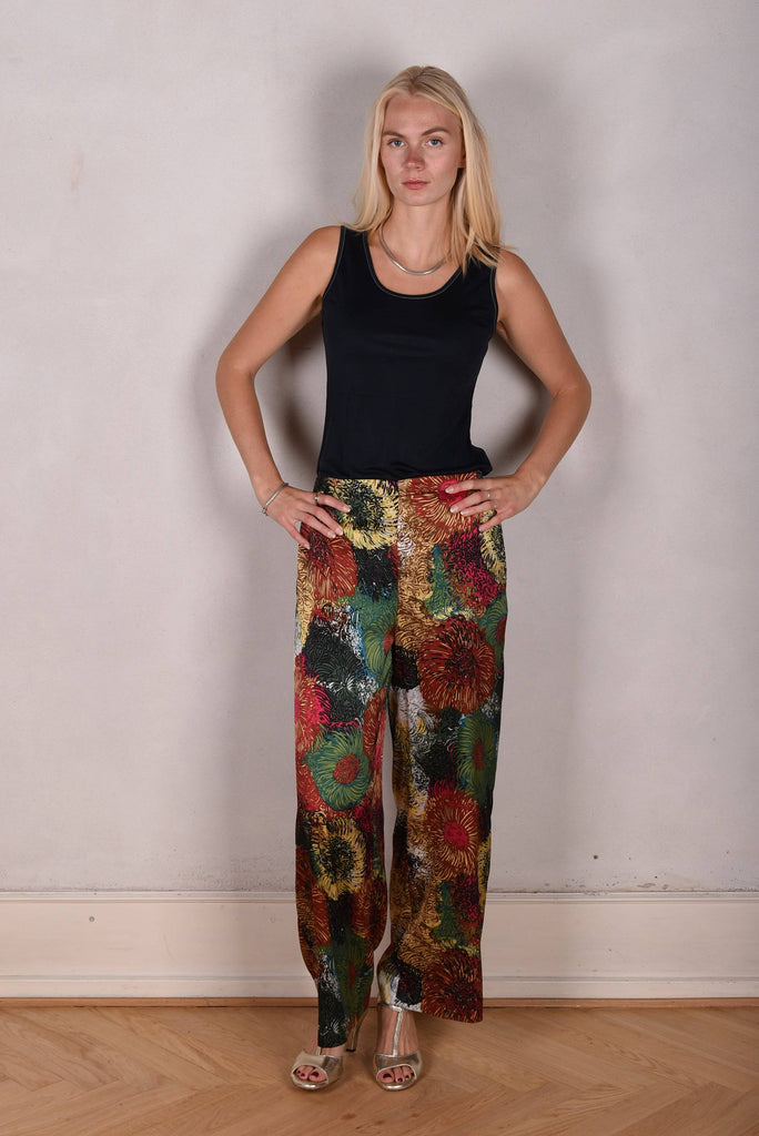 Norah, Wide legged  trousers in Stretch satin Silk. "Swirl" - Tone Barker Silk