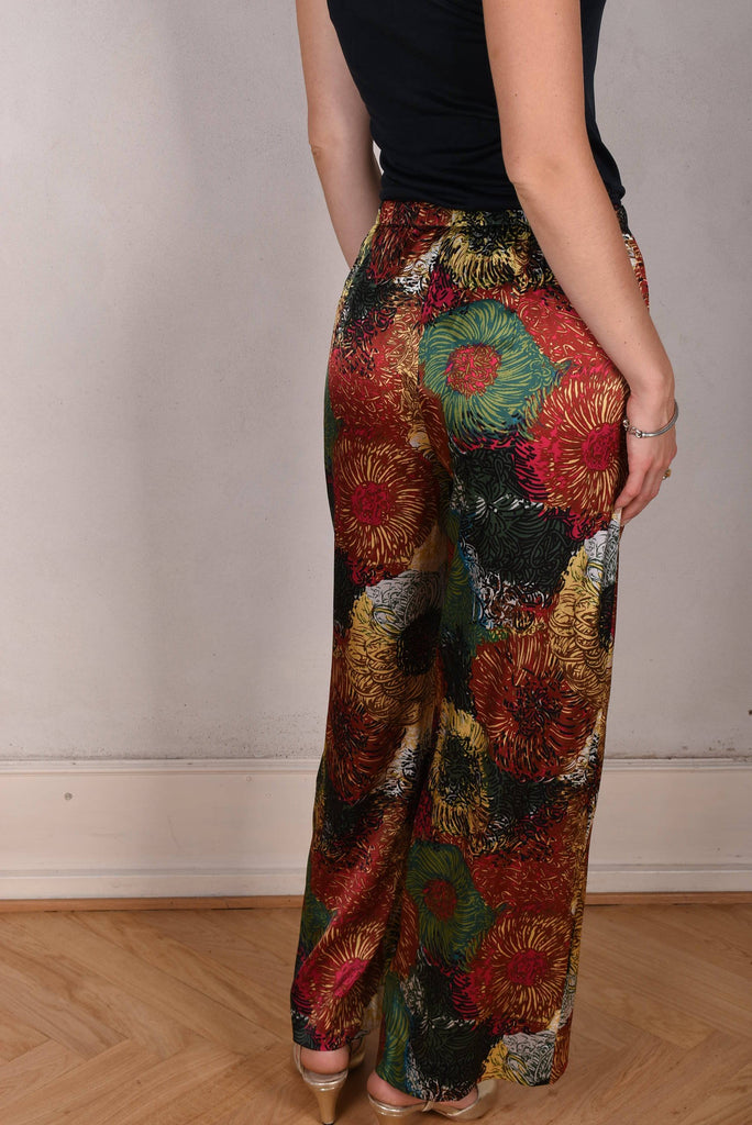 Norah, Wide legged  trousers in Stretch satin Silk. "Swirl" - Tone Barker Silk