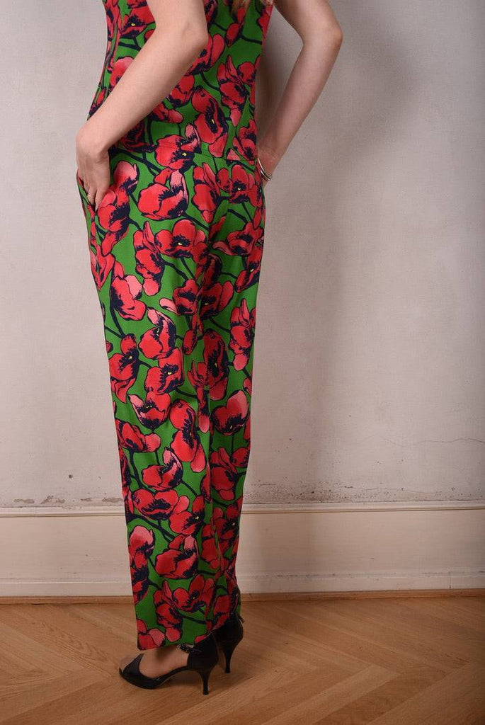 Norma, Semi-wide legged  trousers in Stretch satin Silk. "Grass poppies" - Tone Barker Silk