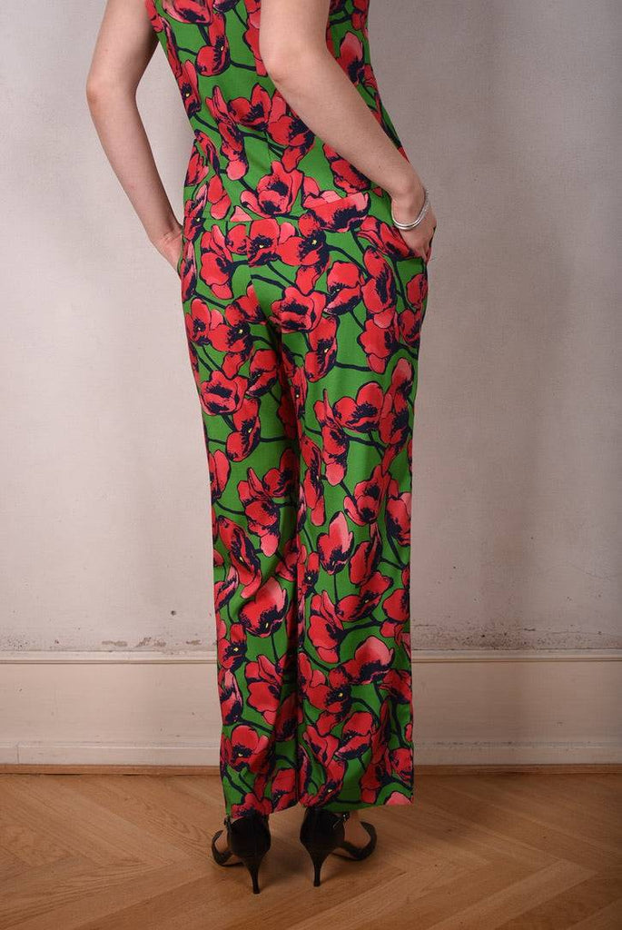 Norma, Semi-wide legged  trousers in Stretch satin Silk. "Grass poppies" - Tone Barker Silk