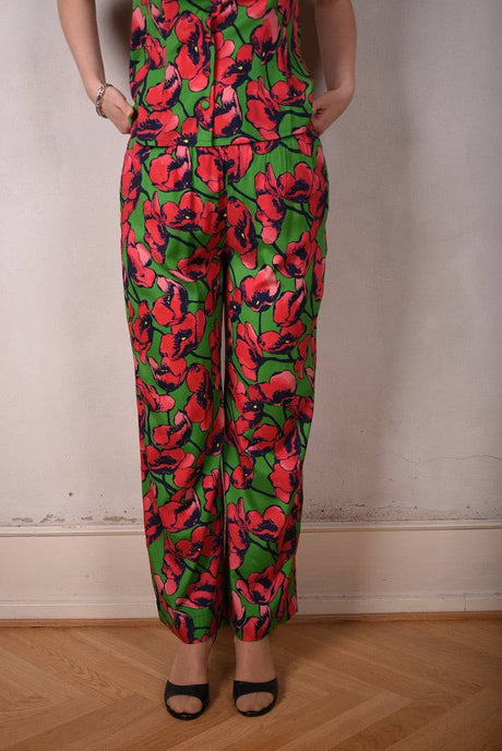 Norma, Semi-wide legged  trousers in Stretch satin Silk. "Grass poppies" - Tone Barker Silk