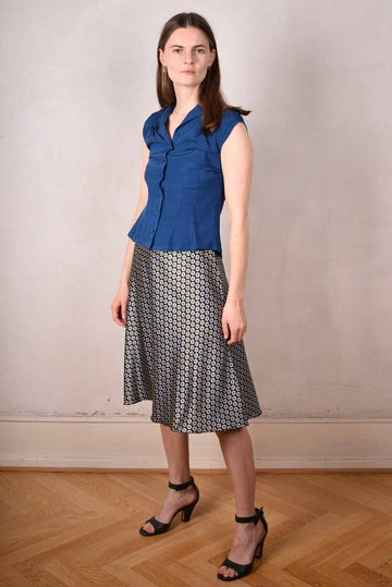 Tango, skirt in stretch silk satin, 95%silk/5% elastane. Print "Dabludot" - Tone Barker Silk