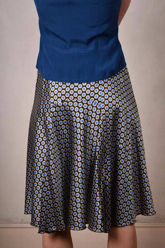 Tango, skirt in stretch silk satin, 95%silk/5% elastane. Print "Dabludot" - Tone Barker Silk