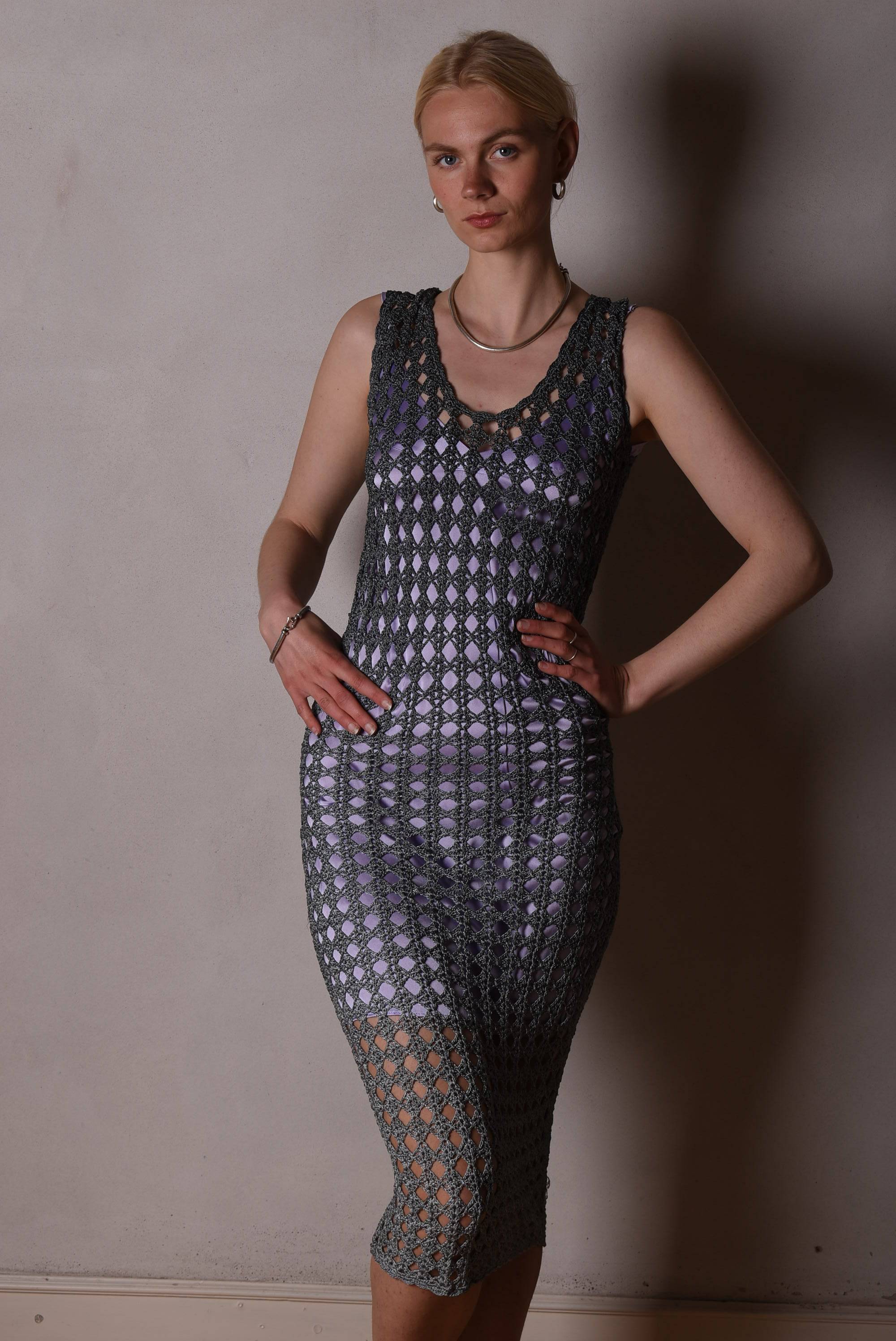 crochet silk dress Vintage Silk Crochet Dress - S
