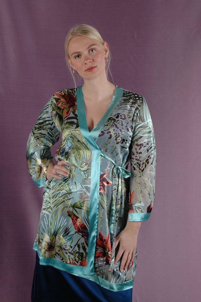 Kimbaliwrap Wrap/Kimono-dress in silk satin devoré. Print "Havana" - Tone Barker Silk