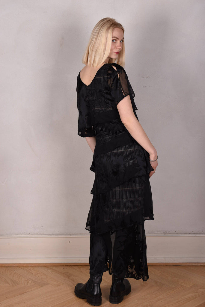 "Ann-Frida" the magic dress. Layers of silk devore on a stretch satin "slip". "Ocean Black" - Tone Barker Silk