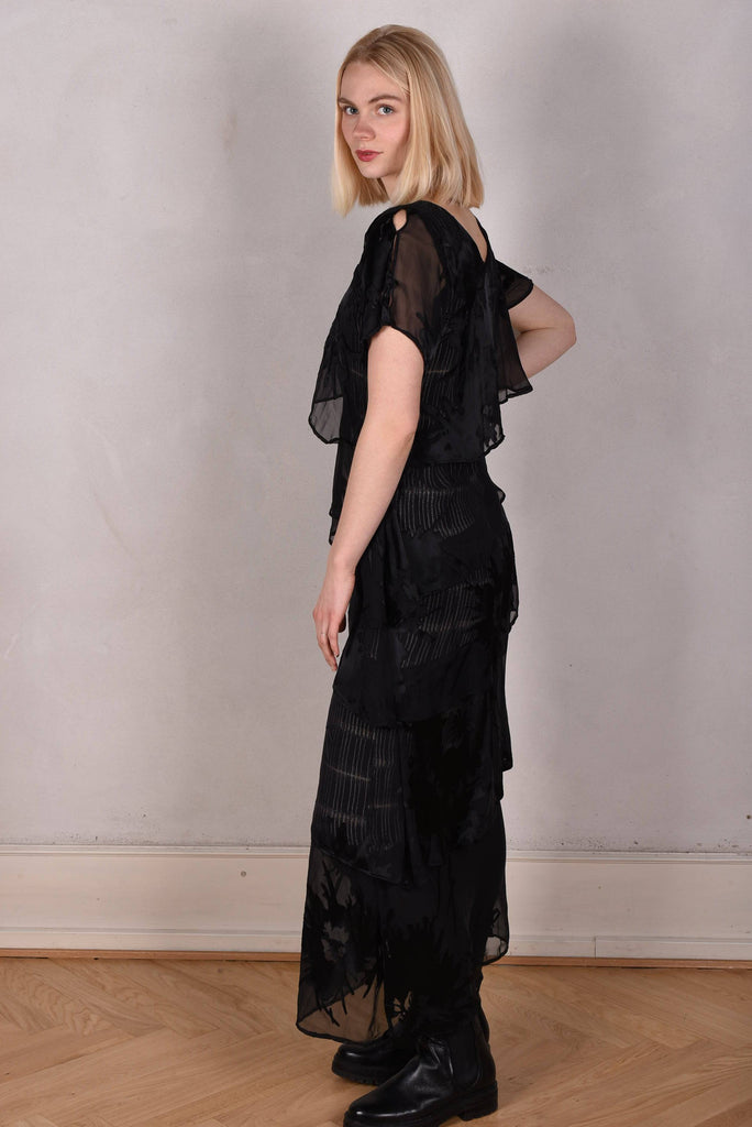 "Ann-Frida" the magic dress. Layers of silk devore on a stretch satin "slip". "Ocean Black" - Tone Barker Silk