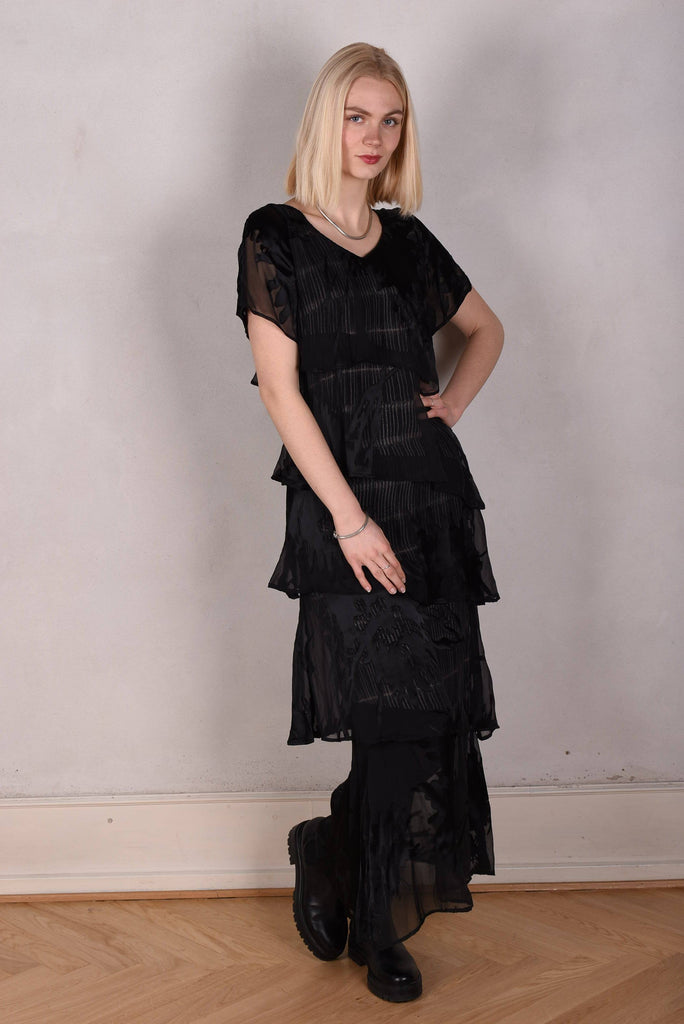 "Ann-Frida" the magic dress. Layers of silk devore on a stretch satin "slip". "Ocean Black" - Tone Barker Silk