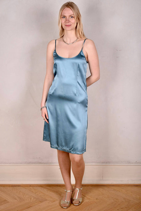 Florianne, "Slip"-dress in Stretch Silk Satin w. 5% elastane "Bali Blue" - Tone Barker Silk