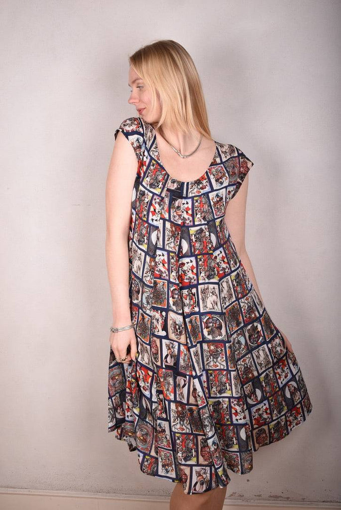 Ghita Cap-sleeve dress in 100% silk crepe. Print "Susminor" by Suse Hartung - Tone Barker Silk