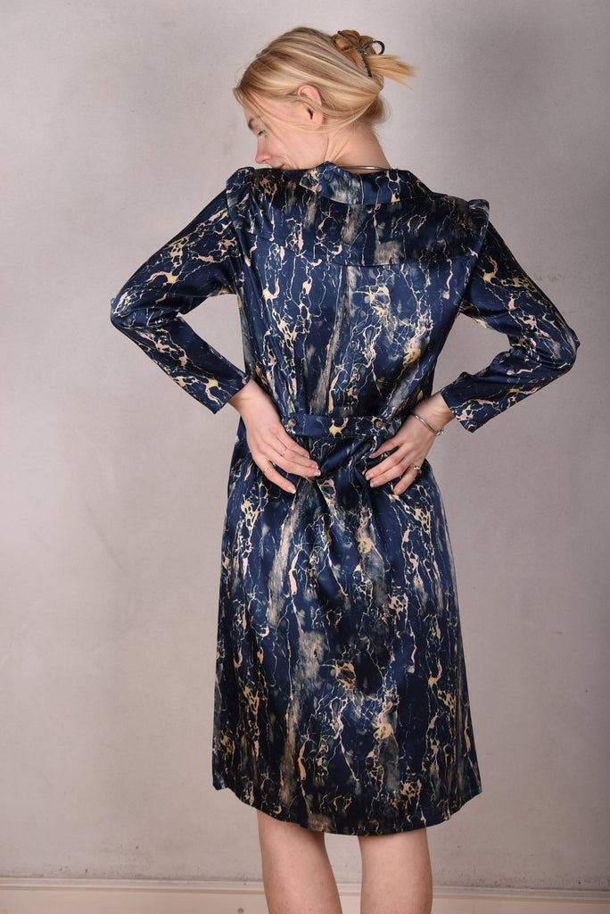 Hen-stretch, Stretch silk satin shirt-dress w. pockets. "Blumarble" - Tone Barker Silk
