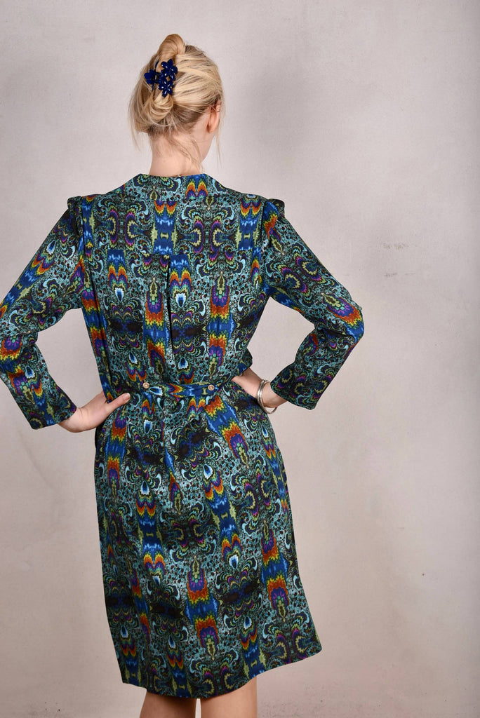 Hen-stretch, Stretch silk satin shirt-dress w. pockets. "Fraktalia" - Tone Barker Silk