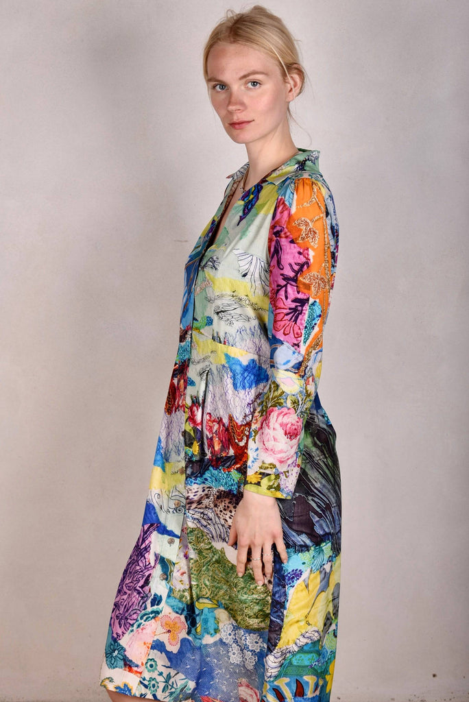 Hen-stretch, Stretch silk satin shirt-dress w. pockets. "Giadams" - Tone Barker Silk