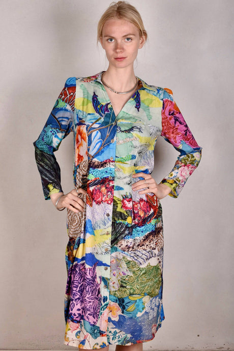 Hen-stretch, Stretch silk satin shirt-dress w. pockets. "Giadams" - Tone Barker Silk