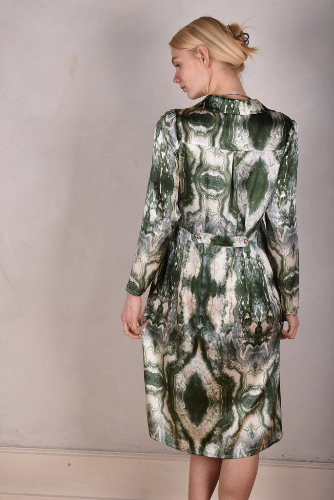 Hen-stretch, Stretch silk satin shirt-dress w. pockets. "Mar-Green" - Tone Barker Silk