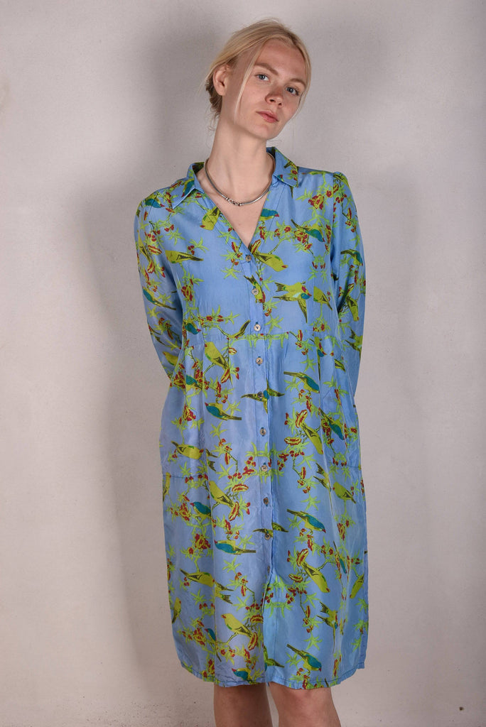 Hennie. Shirt-dress in 100% Habotai silk. Long sleeves "Blue-bird" - Tone Barker Silk
