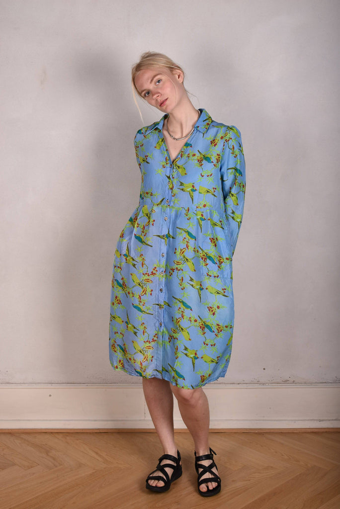 Hennie. Shirt-dress in 100% Habotai silk. Long sleeves "Blue-bird" - Tone Barker Silk
