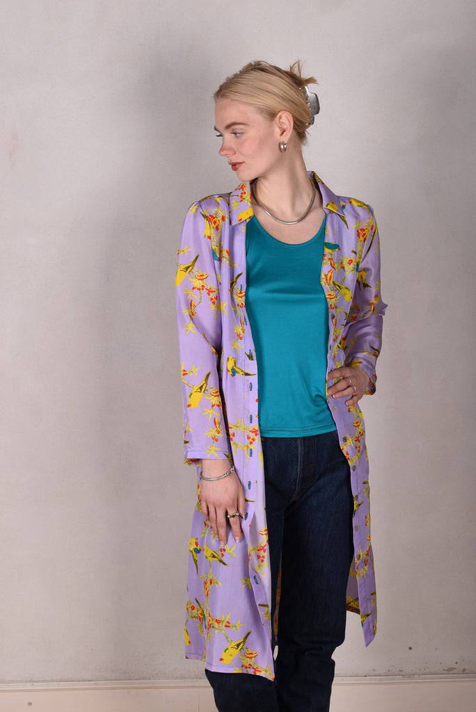 Hennie. Shirt-dress in 100% Habotai silk. Long sleeves "Lilabird" - Tone Barker Silk