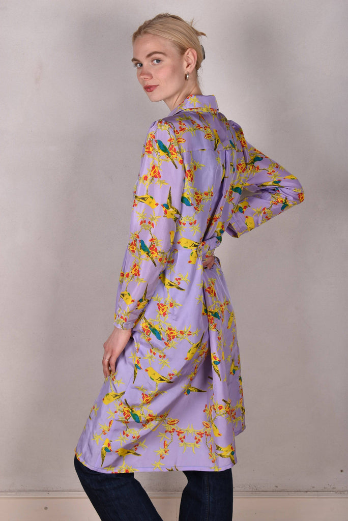Hennie. Shirt-dress in 100% Habotai silk. Long sleeves "Lilabird" - Tone Barker Silk