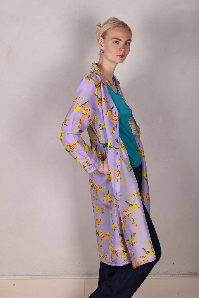 Hennie. Shirt-dress in 100% Habotai silk. Long sleeves "Lilabird" - Tone Barker Silk