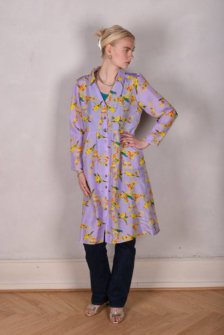 Hennie. Shirt-dress in 100% Habotai silk. Long sleeves "Lilabird" - Tone Barker Silk