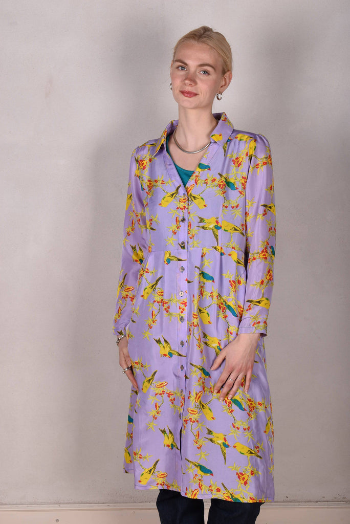 Hennie. Shirt-dress in 100% Habotai silk. Long sleeves "Lilabird" - Tone Barker Silk