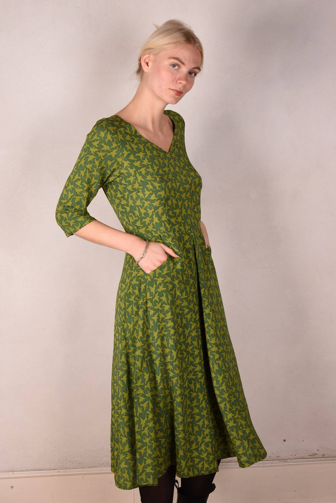 Jane. Stretch Silk midi-length dress with pockets (2Greenbirds) - Tone Barker Silk