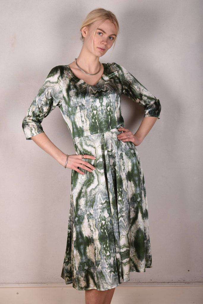 Jane. Stretch Silk midi-length dress with pockets (Mar-green) - Tone Barker Silk