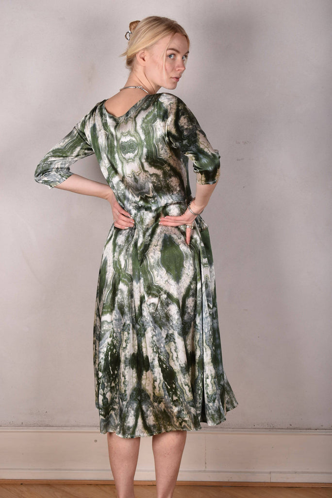 Jane. Stretch Silk midi-length dress with pockets (Mar-green) - Tone Barker Silk