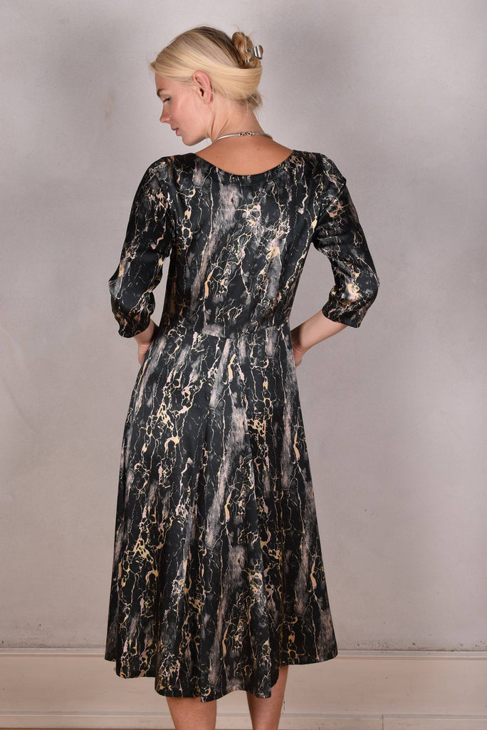 Jane. Stretch Silk midi-length dress with pockets (Marble) - Tone Barker Silk