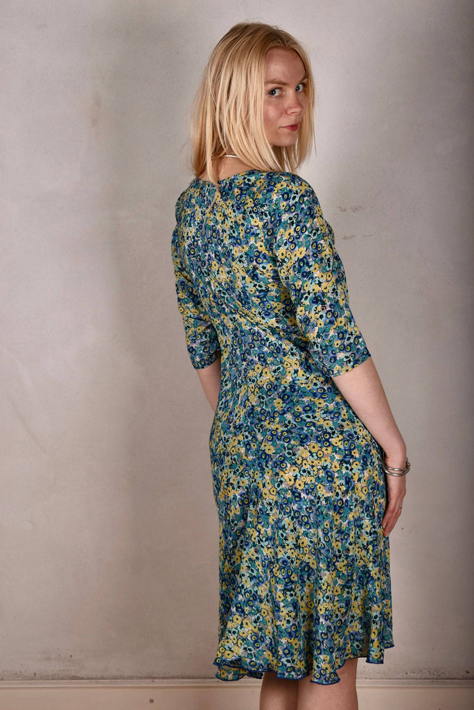 Kathrina Crepe-de-Chine. Cowl neck dress in 100% silk Crepe-de-Chine "Blue-mix" - Tone Barker Silk