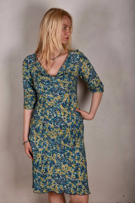 Kathrina Crepe-de-Chine. Cowl neck dress in 100% silk Crepe-de-Chine "Blue-mix" - Tone Barker Silk