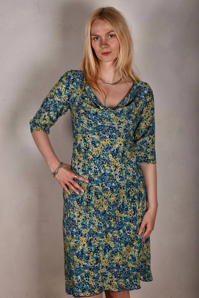 Kathrina Crepe-de-Chine. Cowl neck dress in 100% silk Crepe-de-Chine "Blue-mix" - Tone Barker Silk