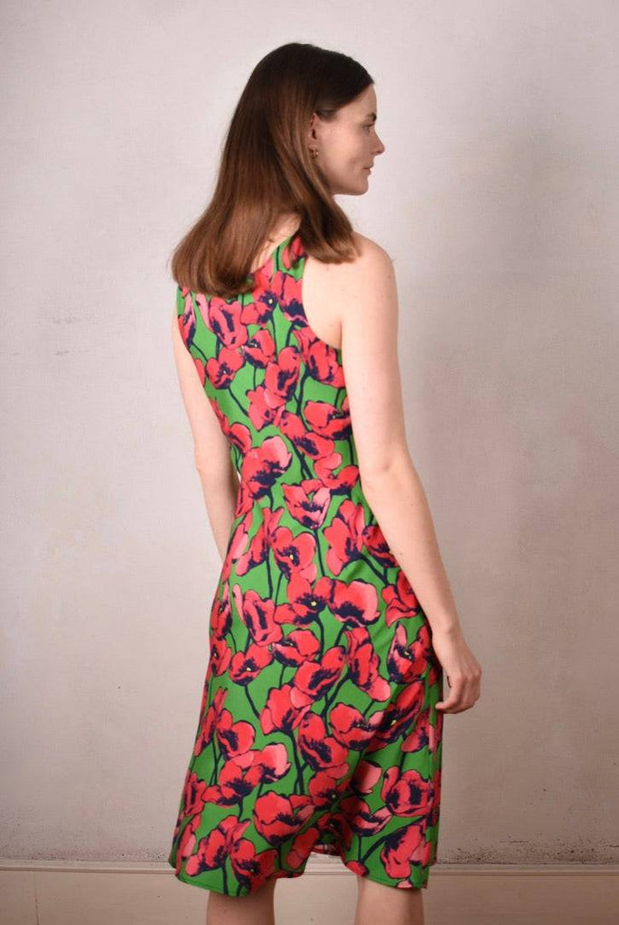 Lil-Gil, Sleeveless dress in stretch silk crepe satin "Grass Poppies" (matte silk) - Tone Barker Silk