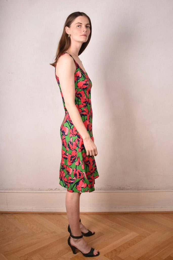 Lil-Gil, Sleeveless dress in stretch silk crepe satin "Grass Poppies" (matte silk) - Tone Barker Silk