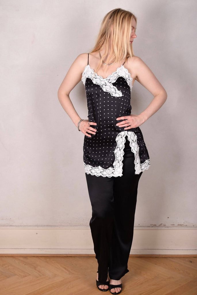 M.BARKER Short slip dress in stretch silk satin w. lace details "Pearl-Dot" - Tone Barker Silk