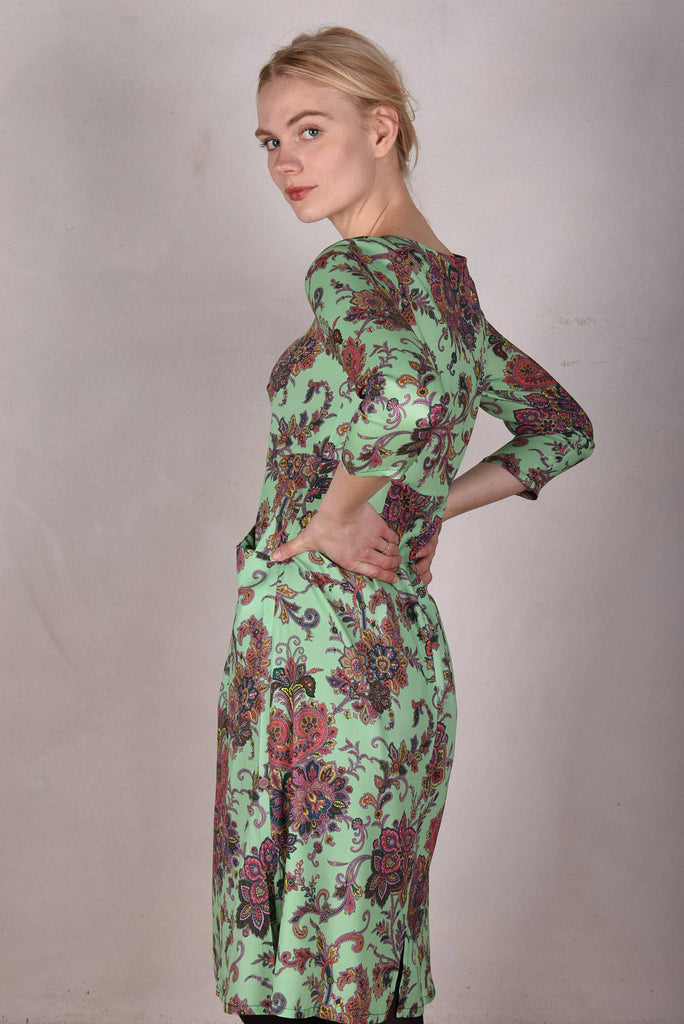 Marinova Stretch silk dress, classic style w. pockets Print: "Greensley" - Tone Barker Silk