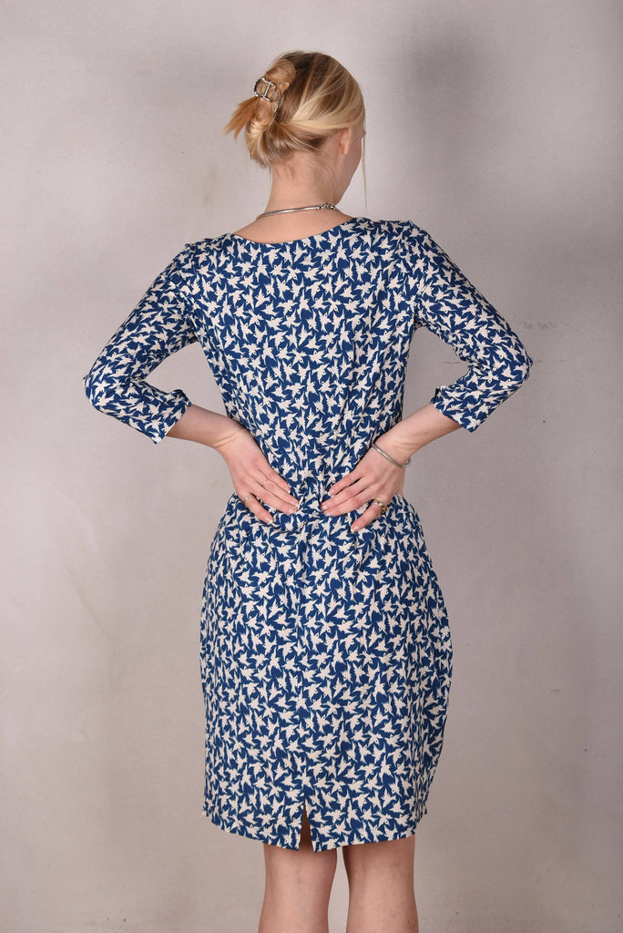 Maudacity. The classic dress in stretch silk satin (Bird-in-blue) - Tone Barker Silk