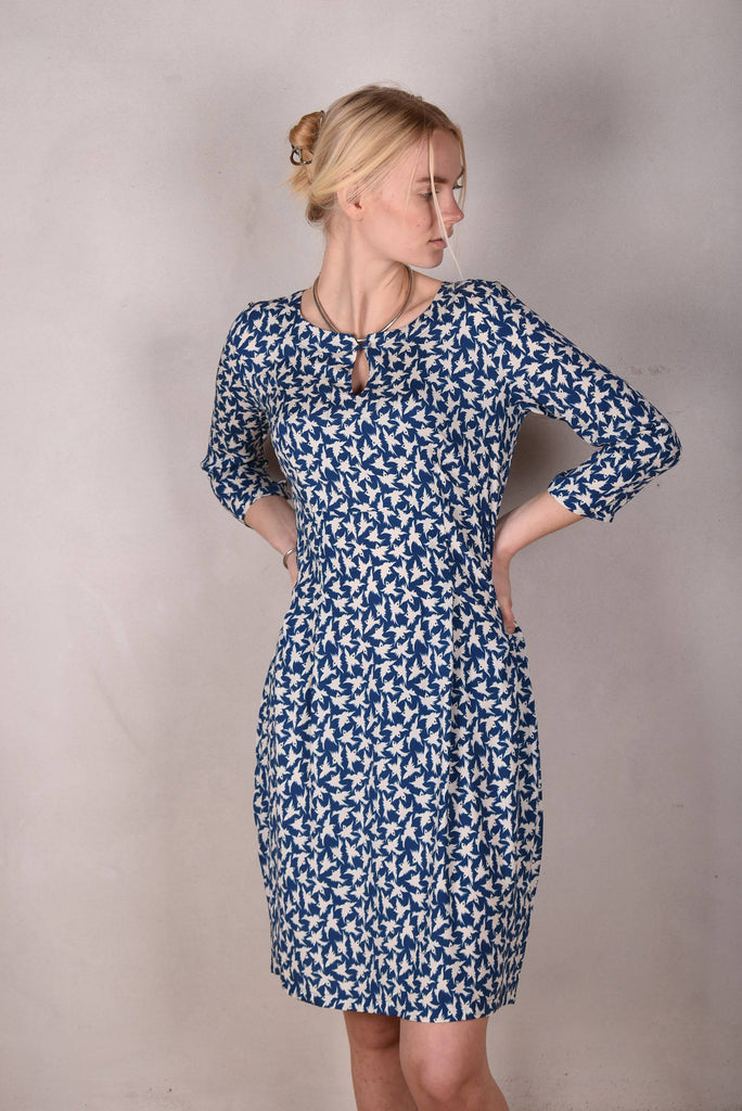 Maudacity. The classic dress in stretch silk satin (Bird-in-blue) - Tone Barker Silk
