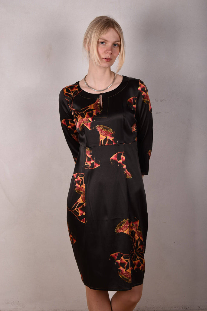 Maudacity. The classic dress in stretch silk satin (Gumnut) - Tone Barker Silk